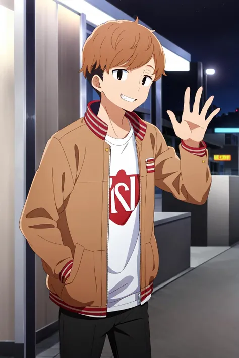 masterpiece, best quality, 1boy, solo, haruya_nanjou, upper body, brown hair, two-tone hair, black eyes, grin, (casual), brown jacket, open jacket, t-shirt, black pants, hand in pocket, hand up, waving, city, night, street,