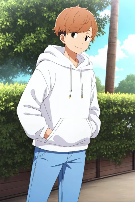 masterpiece, best quality, 1boy, solo, haruya_nanjou, upper body, standing, brown hair, two-tone hair, black eyes, smile, white hoodie, blue pants, hands in pockets, park, tree, flower,