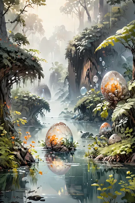 digital painting,other planet,life,alien forest,alien plants,alien mushrooms,alien dwelling,alien animals,transparent eggs,(cracked egg with creature:1.3),ferns,lianas,danger,river,waterfall,background details,bokeh,water vapor,strong rim light,intense shadows,(reflections:1.3),foreshortening,sun rays,light beams,complementary colors,dusk,
<lora:crystalz:1>,<lora:guofengchahua_xl:1>,