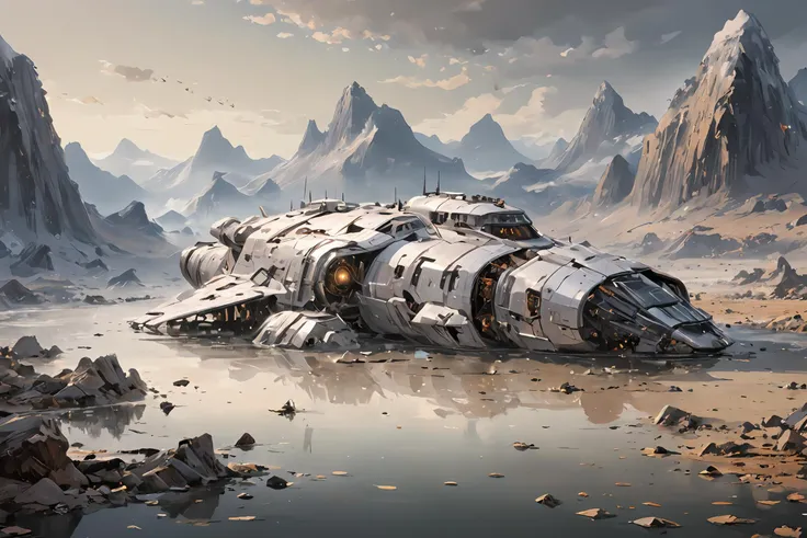 (one long big disassembled spaceship lies on the side on the ground:2),advanced space battleship,overwhelming size,extremely highly detailed,
(destroyed:2),(debris:2),dusk,mountain peak,ice peaks,
rim light,big lake,reflections,
quality eyeshadow,full_shot,background details,strong rim light,intense shadows,sun rays,light beams,complementary colors,<lora:SpaceCraft_XL>,<lora:guofengchahua_xl:0.8>,