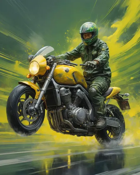 Concept art, professional Painting, Motorcycle, centered dark green and electric yellow background, Hurricane, Mannerism Art, Desaturated, ultra high res, <lora:å¡é飿¯æä¿¡ç:1> (\ka tong feng jing ming xin pian\)