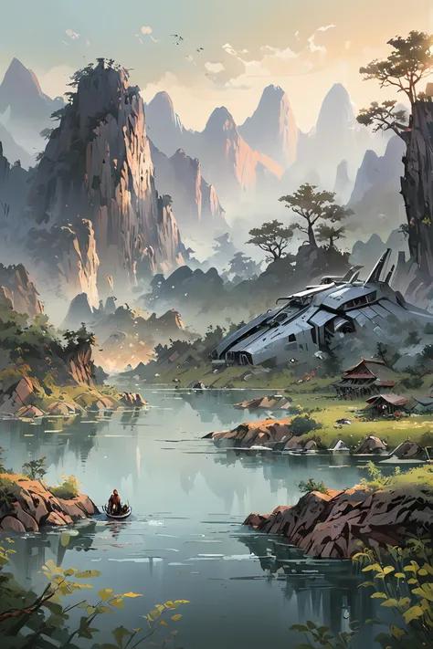 a painting of a plane flying over a river in a mountainous area