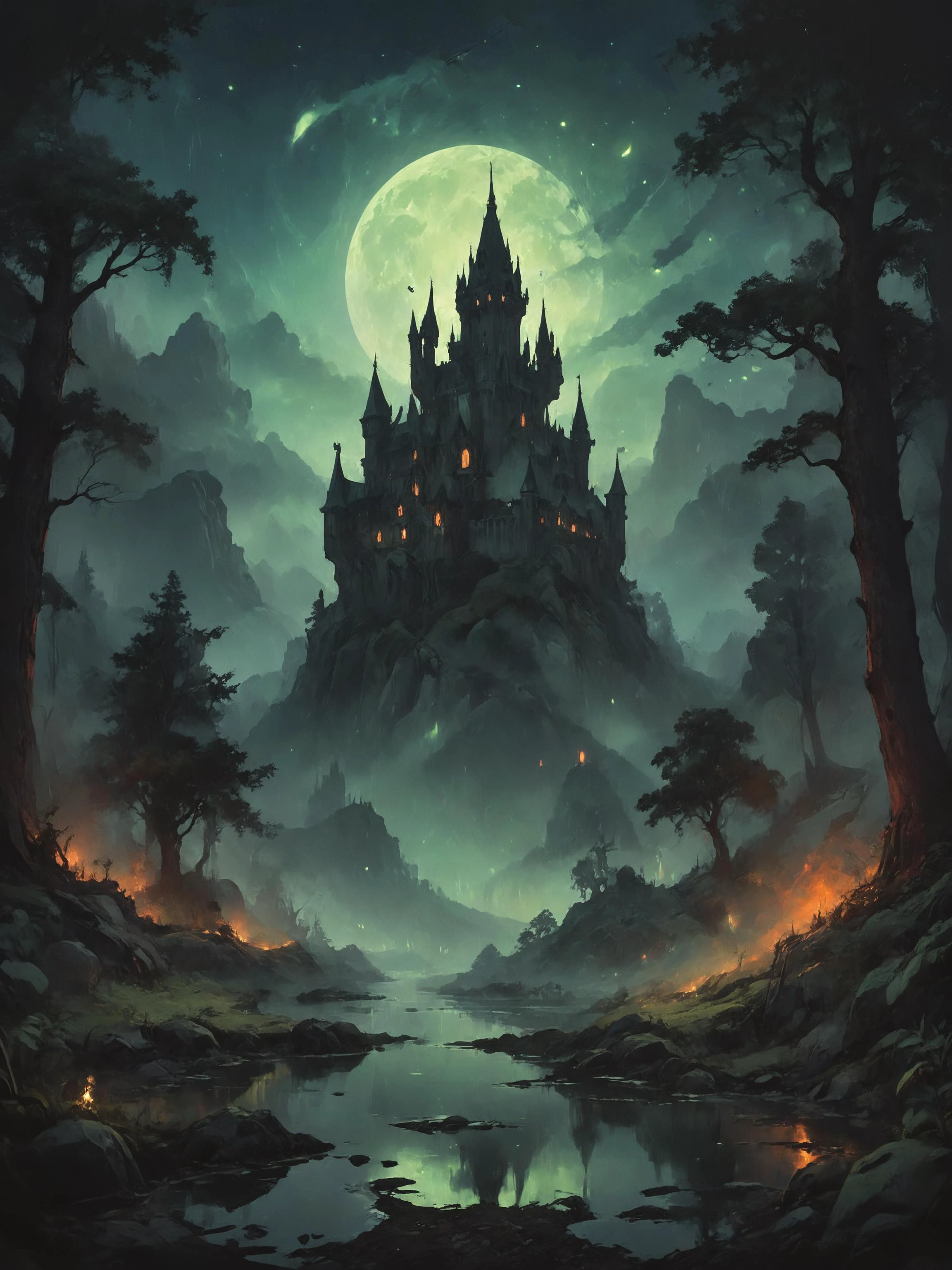 (sinister castle:1.3), ruin, night, dark, synthwave, fireflies, landscape, curved trees, green fog, bokeh, complex background, intricate details, teal and orange,
dirt, intricate detail, Suthin tones,
mountain slopes,
hyperdetailed, water, reflections, muted colors, <lora:guofengchahua_xl:0.3>, <lora:cr33pyXLP:0.5>, <lora:zavy-ctsmtrc-sdxl:0.5>, <lora:zavy-cntrst-sdxl:1.3>,