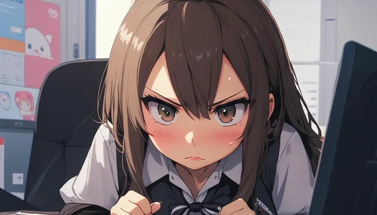 anime girl with long brown hair and black tie sitting in front of a computer