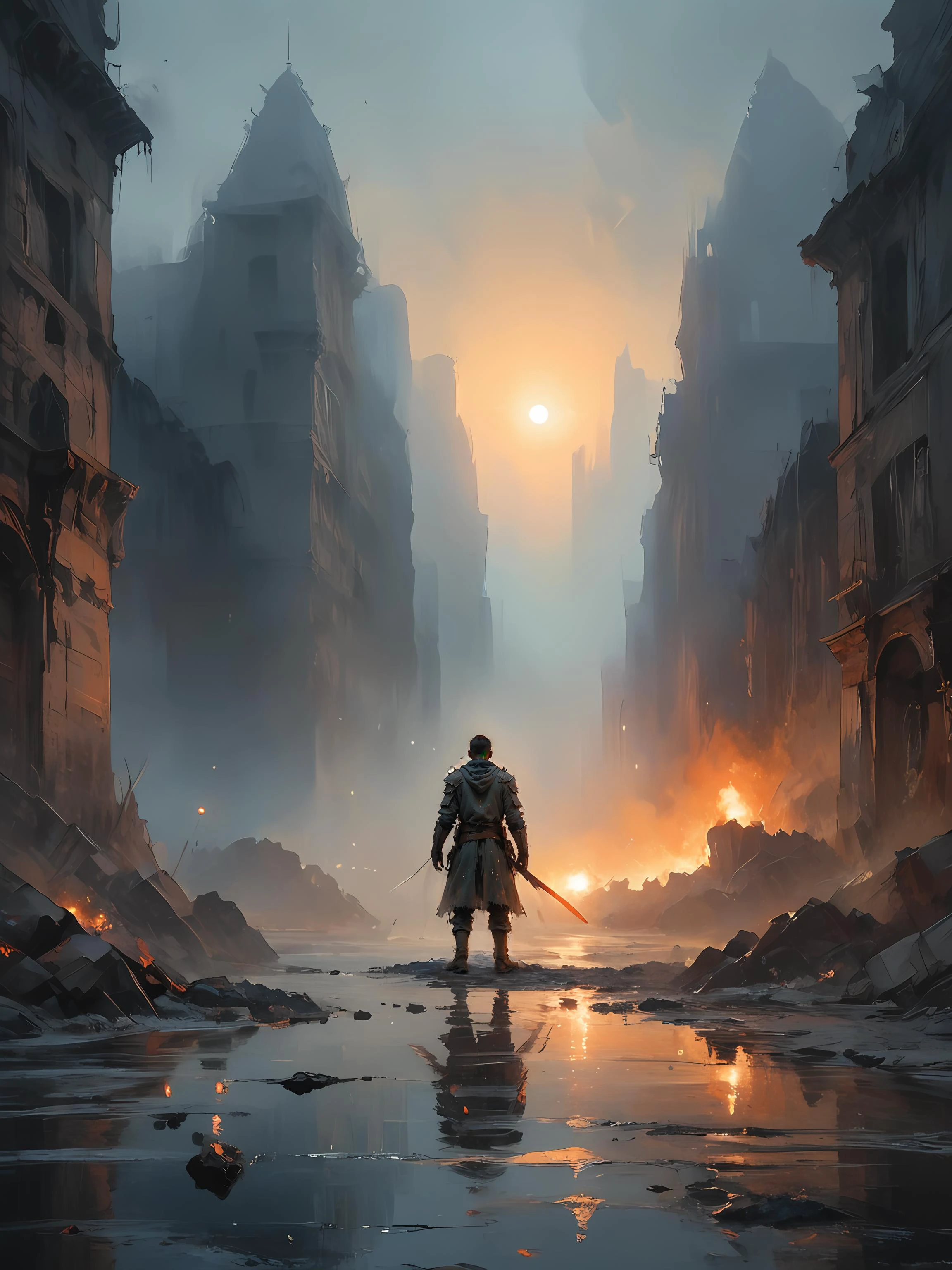 bokeh, dramatic light, complex background, (intricate details:1.1), (teal and orange:0.4), (misty god-rays:1.2), (dirt:1.2), intricate detail, (Suthin tones:1.3), man, (going:1.2), sweat, looking_at_viewer, eye-contact, sparks, night, (ruin:1.2),
(fog:1.2), hyperdetailed, (water:1.2), (reflections:1.2), full armor, ragged cloak, sparks, fire and ice, sparks, (construction:1.2), contour light, (dark shot:1.17), faded, ((neutral colors)), (hdr:1.5), (muted colors:1.2), (rays of sunlight:1.5), broken buildings, apocalyptic city, (synthwave:1.3), <lora:B0ld01lp41nt:0.5>, <lora:guofengchahua_xl:0.5>, <lora:Lunas-NijiJourney-SDXL-B2:1>, (lights:1.5),