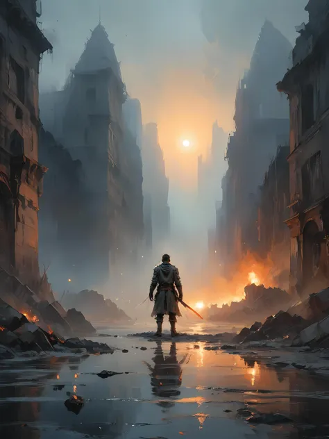 bokeh, dramatic light, complex background, (intricate details:1.1), (teal and orange:0.4), (misty god-rays:1.2), (dirt:1.2), intricate detail, (Suthin tones:1.3), man, (going:1.2), sweat, looking_at_viewer, eye-contact, sparks, night, (ruin:1.2),
(fog:1.2), hyperdetailed, (water:1.2), (reflections:1.2), full armor, ragged cloak, sparks, fire and ice, sparks, (construction:1.2), contour light, (dark shot:1.17), faded, ((neutral colors)), (hdr:1.5), (muted colors:1.2), (rays of sunlight:1.5), broken buildings, apocalyptic city, (synthwave:1.3), <lora:B0ld01lp41nt:0.5>, <lora:guofengchahua_xl:0.5>, <lora:Lunas-NijiJourney-SDXL-B2:1>, (lights:1.5),
