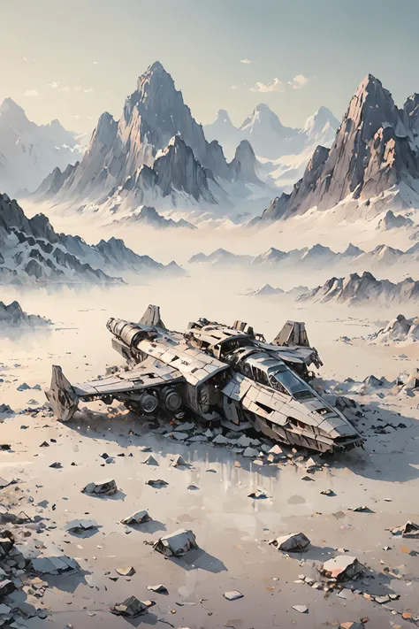 (one long big disassembled spaceship lies on the side on the ground:2),
(destroyed:2), (debris:2), dusk, mountain peak, ice peaks,
rim light, big lake, reflections,
quality eyeshadow, background details, strong rim light, intense shadows, sun rays, light beams, complementary colors, <lora:guofengchahua_xl:1>,