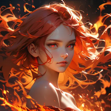 a woman with red hair and a red dress is surrounded by flames