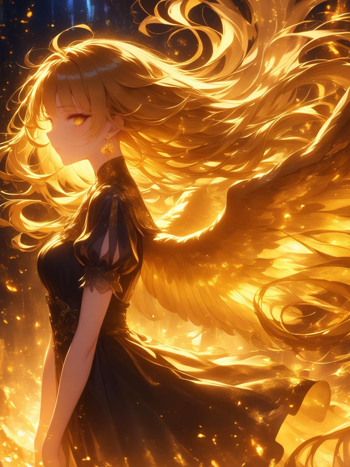 (\shen ming shao nv\), 1girl, solo, wings, dress, long hair, short sleeves, blonde hair, black dress, from side, puffy sleeves, feathered wings, puffy short sleeves, breasts, floating hair, looking at viewer, earrings, bangs, jewelry, medium breasts, very long hair, profile, closed mouth, fire, glowing, yellow eyes, backlighting,<lora:shenmingshaonvXL:1>,
