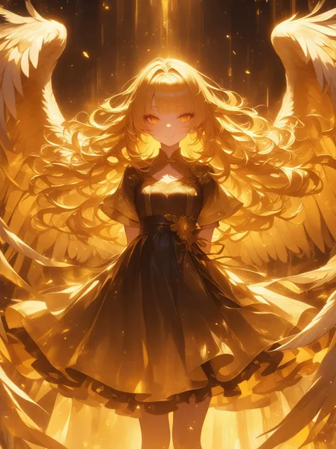 (\shen ming shao nv\),1girl,solo,long hair,wings,dress,yellow theme,blonde hair,open eyes,feathered wings,arms behind back,facing viewer,short sleeves,smile,orange theme,angel wings,bangs,black dress,standing,glowing,<lora:shenmingshaonvXL>,