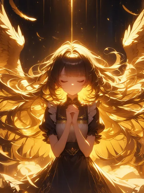 (\shen ming shao nv\),1girl,maid,solo,closed eyes,long hair,wings,dress,own hands together,short sleeves,very long hair,bangs,closed mouth,floating hair,feathered wings,facing viewer,praying,own hands clasped,yellow wings,hands up,puffy sleeves,glowing,backlighting,<lora:shenmingshaonvXL:0.8>,