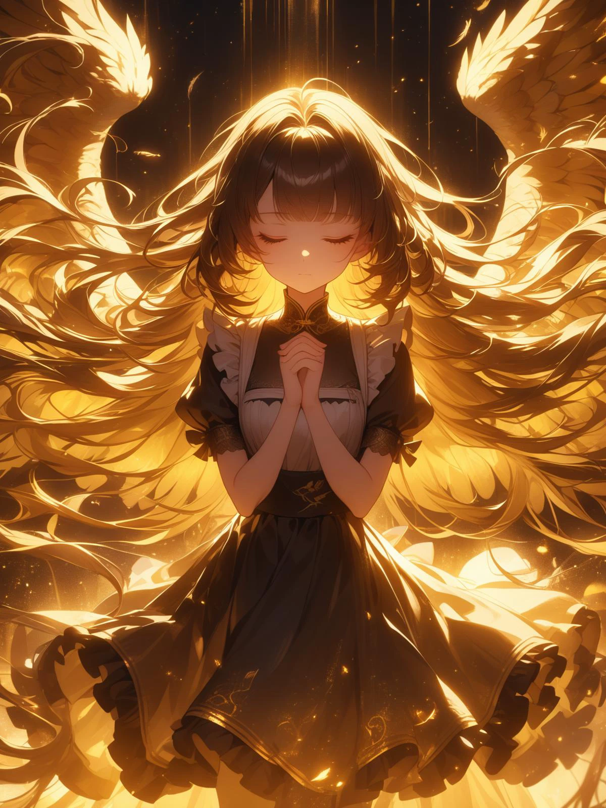 (\shen ming shao nv\),1girl,maid,solo,closed eyes,long hair,wings,dress,own hands together,short sleeves,very long hair,bangs,closed mouth,floating hair,feathered wings,facing viewer,praying,own hands clasped,yellow wings,hands up,puffy sleeves,glowing,backlighting,<lora:shenmingshaonvXL:0.8>,