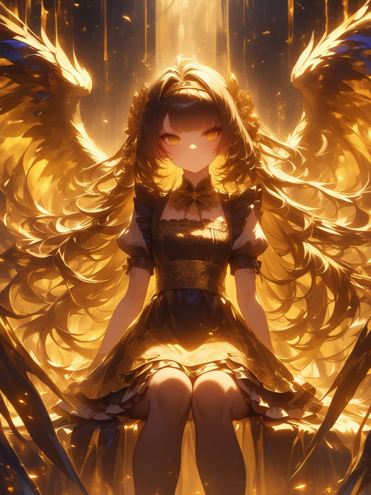 (\shen ming shao nv\),1girl,solo,long hair,wings,maid,sitting, <lora:shenmingshaonvXL>,