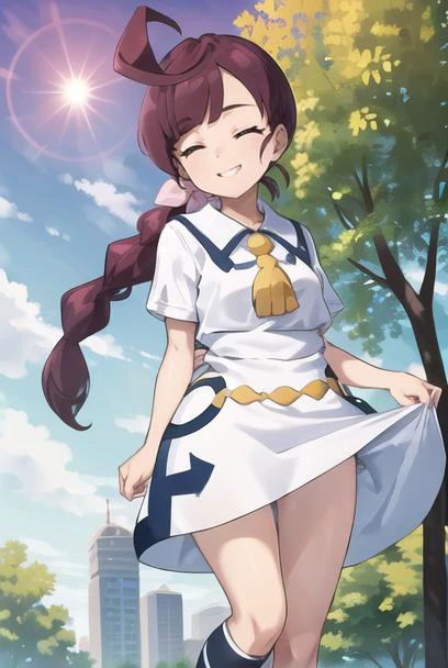 (masterpiece:1.2), Best Quality, High resolution, unity wallpaper 8k, (illustration), extremely detailed face, perfect lighting, Extremely detailed CG, 1 girl, Alone, koharu, green eyes, dress, collared dress, short sleeves, collar tassel, braided ponytail, looking at the viewer, view from below, White boots, open mouth, smile, crotch shot, thighs, white panties, low angle, bewitching thighs
