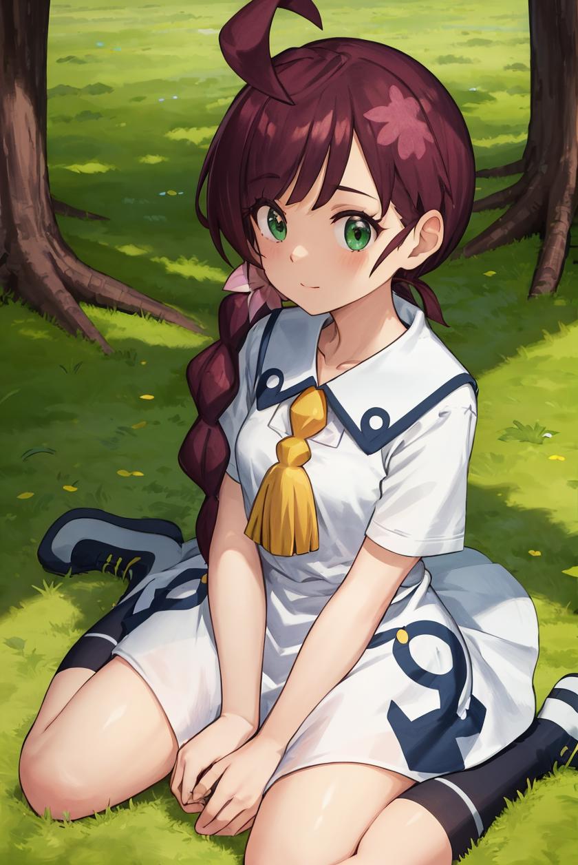 Anime girl sitting on the ground in a field with a ponytail - SeaArt AI