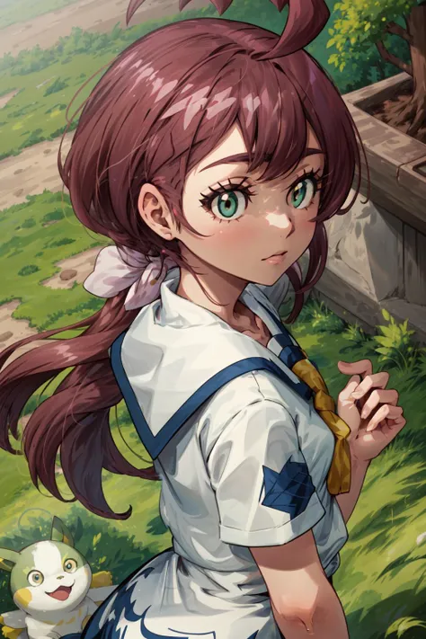 masterpiece,best quality,1girl,chloe \(pokemon\),chl1,braided_ponytail,ahoge,school uniform,white dress,collared dress,collarbone,eyelashes,short sleeves,looking to the side,village outdoors,grass,tree,from side,<lora:chloe_(pokemon)_v5:0.6>,