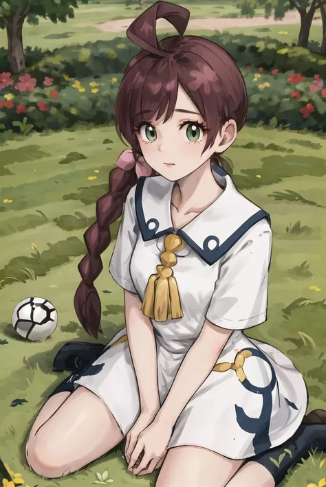 masterpiece, best quality, highres, chl1, 1girl, braided_ponytail, (ahoge:1.1), dress, school uniform, white dress, collared dress, collarbone, eyelashes, short sleeves, neck tassel, <lora:chloe_(pokemon)_v5:0.6>, wariza, sitting, grass, garden, poke ball \(basic\),