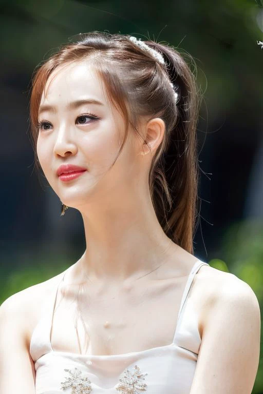 portrait, highres, absurdres, realistic, masterpiece, best quality, 8k,garden, face shot ponytail, bridal, <lora:Dasom RL2:1> dasom1