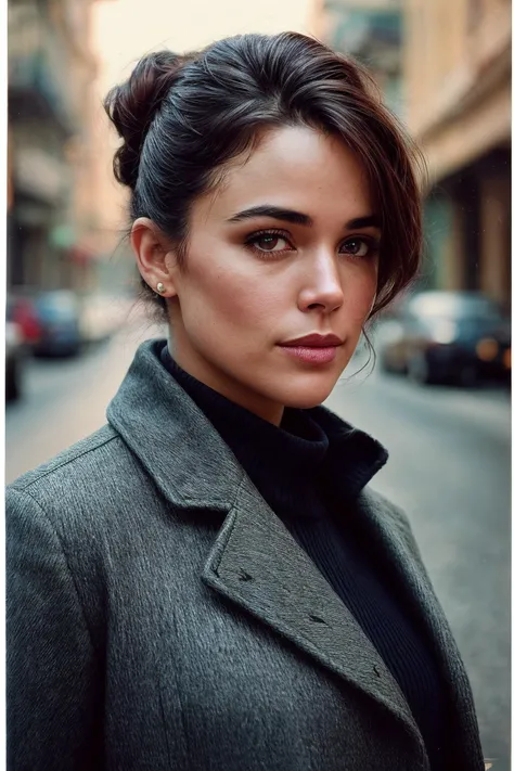 perfect cinematic shoot of a beautiful woman (EP4dr14n4Ug4rt3:.99), a woman, closeup portrait, perfect hair upsweep updo, posing, (vintage photo, overcoat), (polaroid frame), 24mm, (tintype), (analog, film, film grain:1.3), ((on a Havana street, night, gritty)), ((detailed eyes)), (seductive pose), (epicPhoto), Cuba, ("Dreams into reality with SDKoh!":1.1)