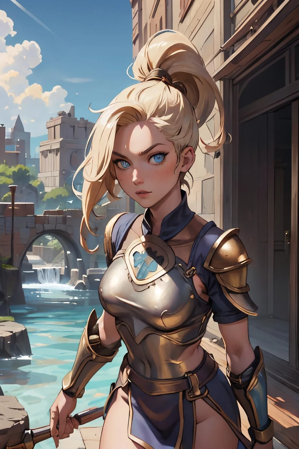<lora:Ino:1.00>, hair_over_one_eye, blonde_hair, blue_eyes, portrait, solo, (full body:0.6), looking up, detailed background, detailed face, (<lora:bronzepunkai:0.4>, bronzepunkai, bronze theme:1.1), gladiator, triumphant, taunting expression, yellow gladiator armor, greaves, arena in background, blood, sunshine, legendary gladiatorial atmosphere,, waterpark, market stall, building, fitting room, natural, hail, earth, bamboo forest