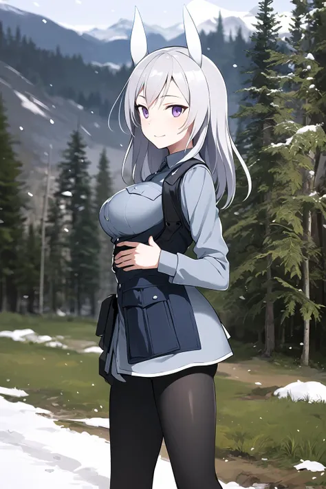 masterpiece, 1girl, aurora e. juutilainen, standing, animal ears, purple eyes, medium breasts, long silver hair, military shirt, black pantyhose, snow, outside, trees, mountains, depth of field, blurry background