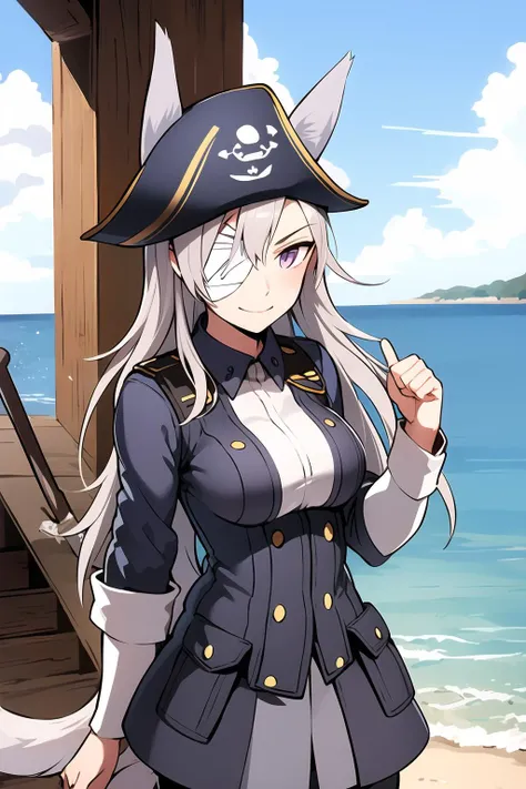 masterpiece, 1girl, aurora e. juutilainen, standing, dog tail, animal ears, purple eyes, silver hair, pirate hat, pirate outfit, swashbuckler, eyepatch, smile, ocean, pirate ship