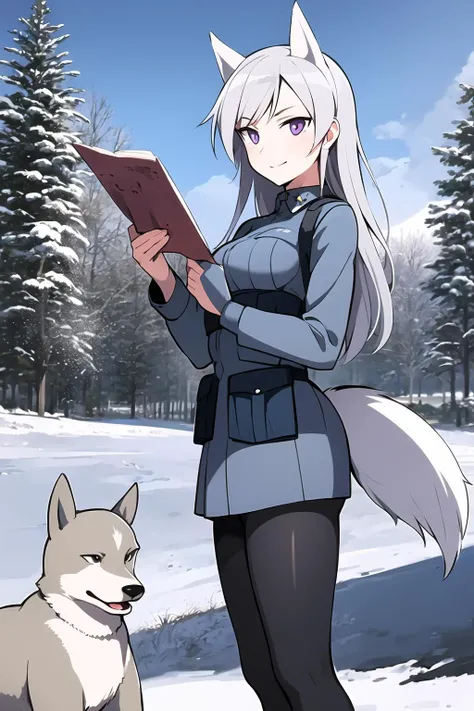 masterpiece, best quality, 1girl, aurora e. juutilainen, standing, dog tail, animal ears, purple eyes, silver hair, outside, snow, military shirt, black pantyhose, holding map