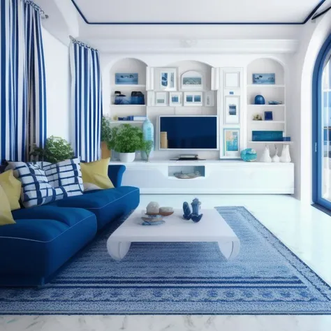 living room in modern flat, Mediterranean style, maritime elements <lora:Mediterranean_style_living_room:1>