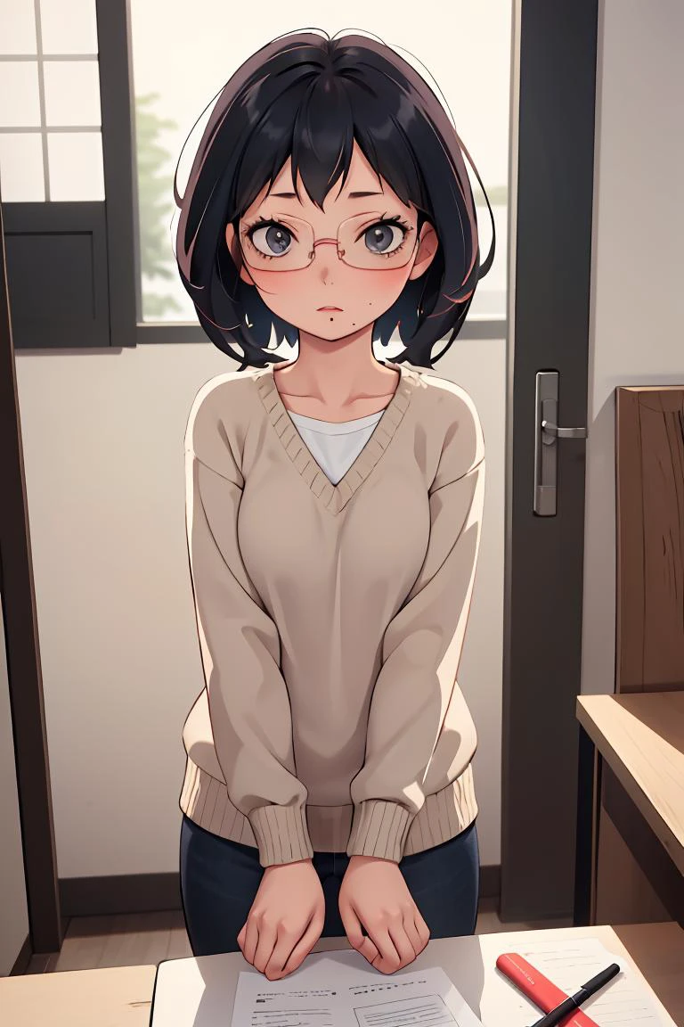 (masterpiece, best quality), 1girl, <lora:shimizu_kiyoko_v1:1> aakiyoko, solo, short hair, black eyes, glasses, mole under mouth