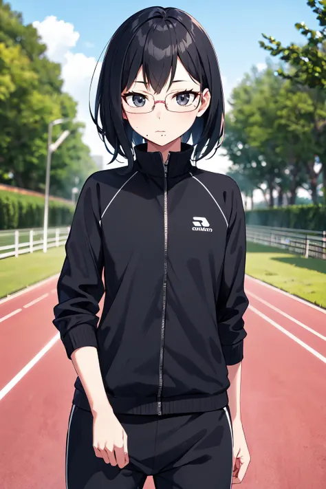 masterpiece, best quality, highres, aakiyoko, solo, short hair, black eyes, glasses, mole under mouth, track jacket, track pants, <lora:shimizu_kiyoko_v1:0.7>, outdoors, standing, cowboy shot,