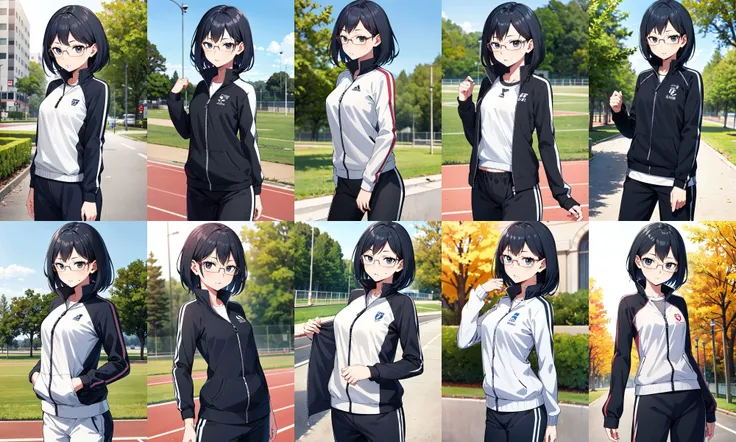 masterpiece, best quality, highres, aakiyoko, solo, short hair, black eyes, glasses, mole under mouth, track jacket, track pants, <lora:shimizu_kiyoko_v1:0.7>, standing, cowboy shot, outdoors