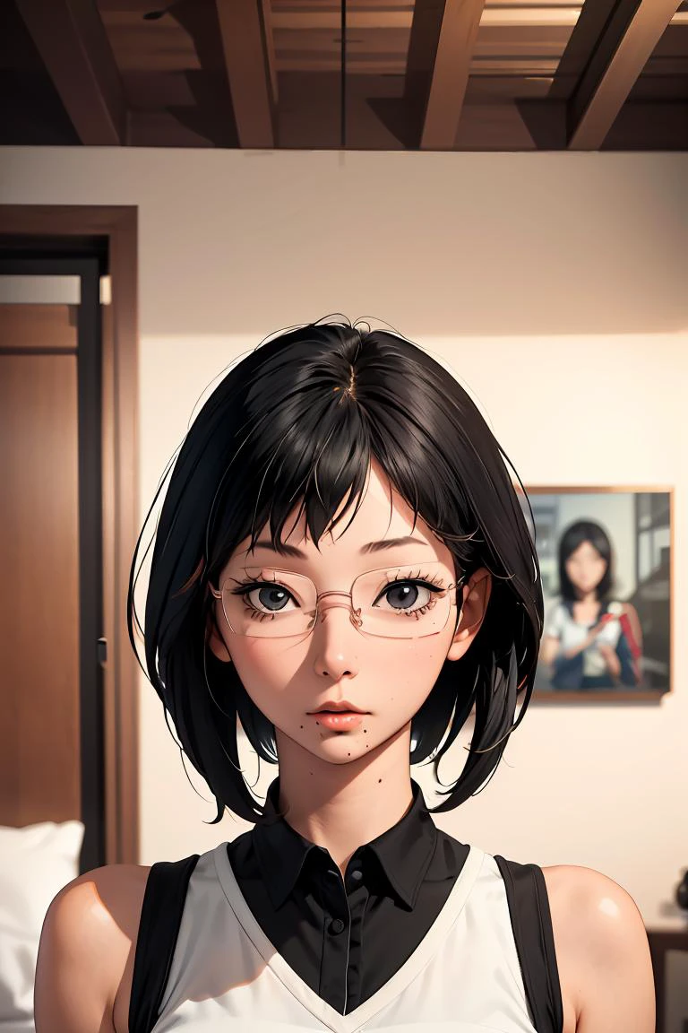 (masterpiece, best quality), 1girl, <lora:shimizu_kiyoko_v1:1> aakiyoko, solo, short hair, black eyes, glasses, mole under mouth
