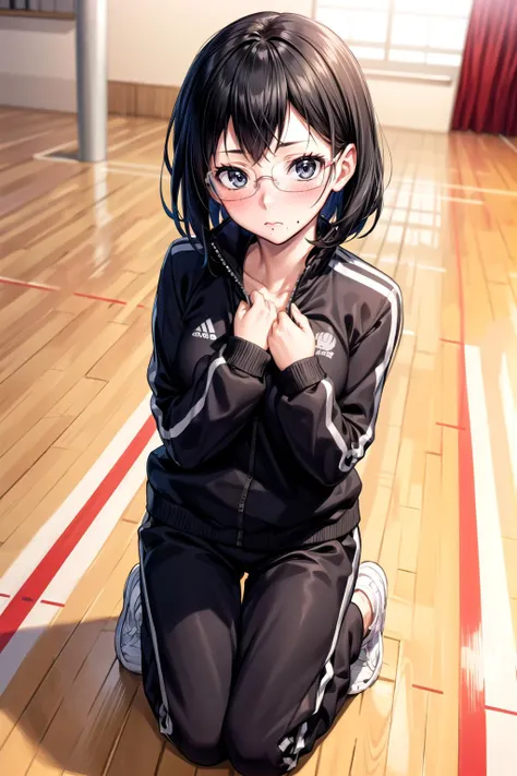 (masterpiece, best quality, detailed), 1girl, solo, aakiyoko, solo, short hair, black eyes, glasses, mole under mouth, looking at viewer, track jacket, track pants,
<lora:school_gym_v0.1:1>, school gym, kneeling, from above, hand on own chest, blush, closed mouth