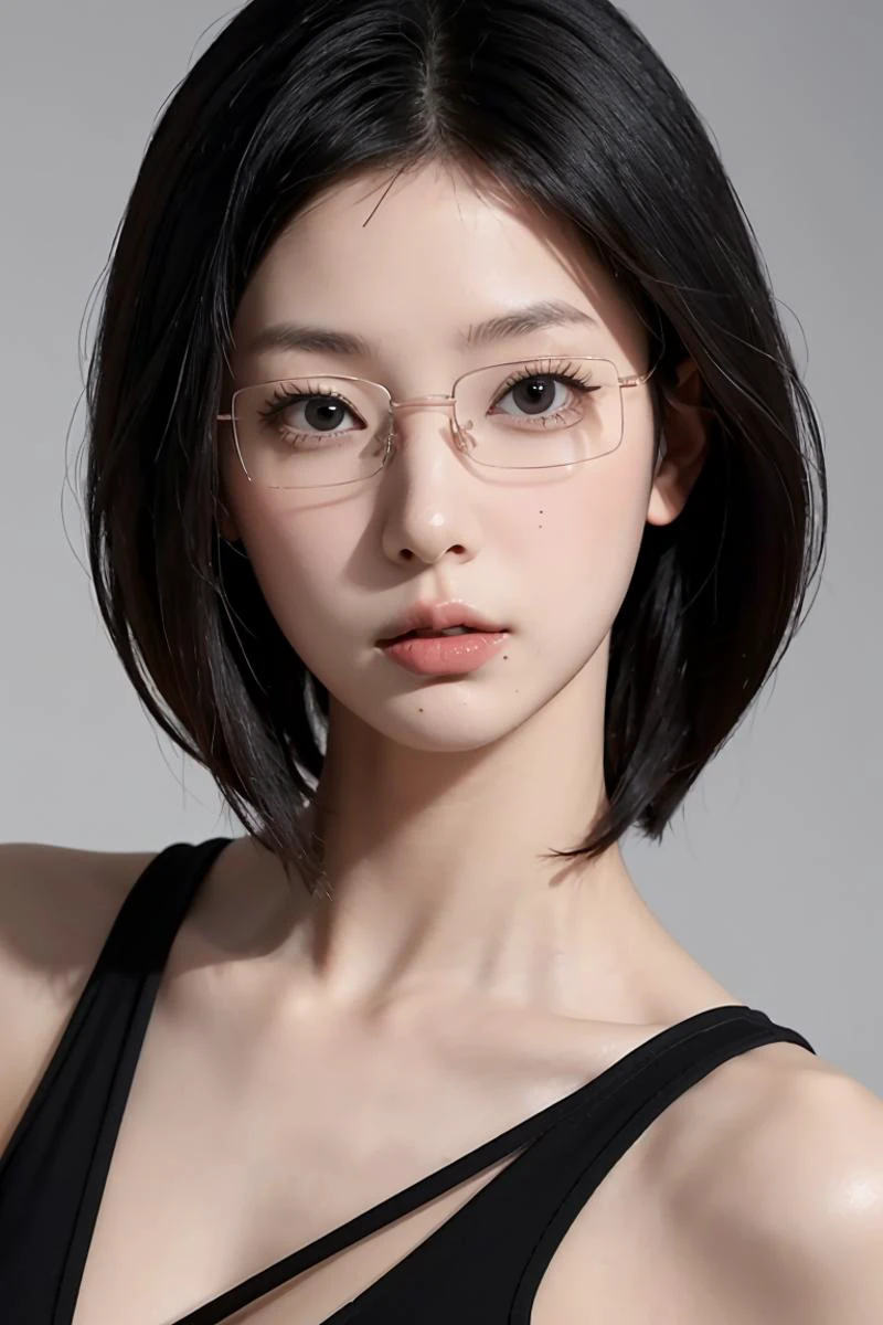 (masterpiece, best quality), 1girl, <lora:shimizu_kiyoko_v1:1> aakiyoko, solo, short hair, black eyes, glasses, mole under mouth
