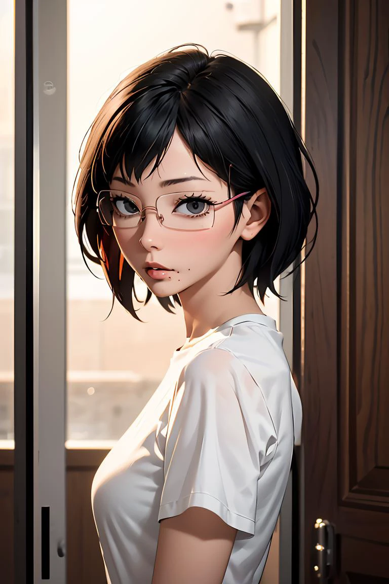 (masterpiece, best quality), 1girl, <lora:shimizu_kiyoko_v1:1> aakiyoko, solo, short hair, black eyes, glasses, mole under mouth