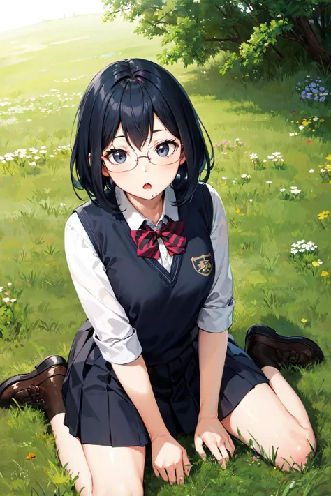 masterpiece, best quality, highres, aakiyoko, solo, short hair, black eyes, glasses, mole under mouth, school uniform, <lora:shimizu_kiyoko_v1:0.7>, wariza, :o, grass