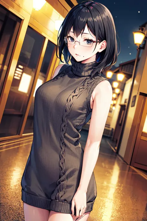 masterpiece, best quality, highres, aakiyoko, solo, short hair, black eyes, glasses, mole under mouth, sweater dress, sleeveless, turtleneck, <lora:shimizu_kiyoko_v1:0.7>, standing, cowboy shot, night, steet