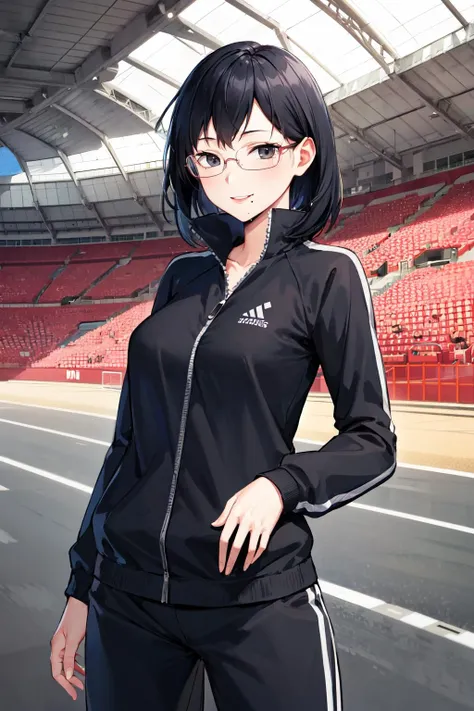 masterpiece, best quality, highres, aakiyoko, solo, short hair, black eyes, glasses, mole under mouth, track jacket, track pants, <lora:shimizu_kiyoko_v1:0.7>, standing, cowboy shot, outdoors, smile, indoors, stadium
