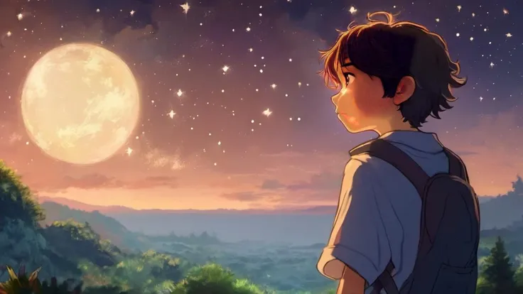4K the young dreamer, looking determined and hopeful, gazing at the stars, detailed eye, trending, digital painting, Ghibli