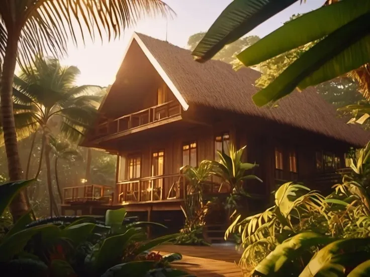 4K, show tropical resort. exposed with trees. Monsterra. Brown wooden house. Cozy, Sun light, golden hour, mist