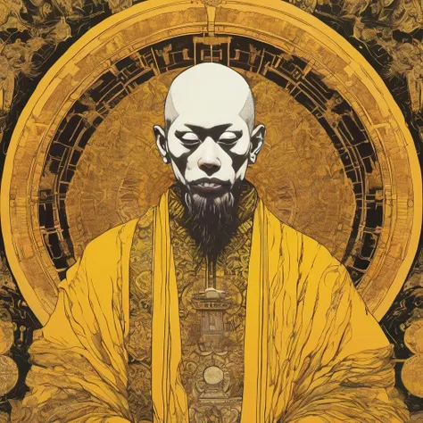 elaborate portrait of a monk by Laurey Greasley and Takeshi Obata, desire to achieve enlightenment, nirvana, yellow, orange, cyberpunk