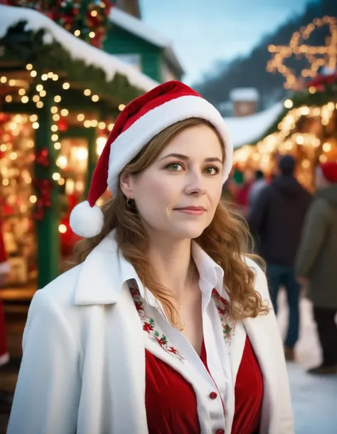 A woman in a santa hat standing in front of a christmas market - SeaArt AI