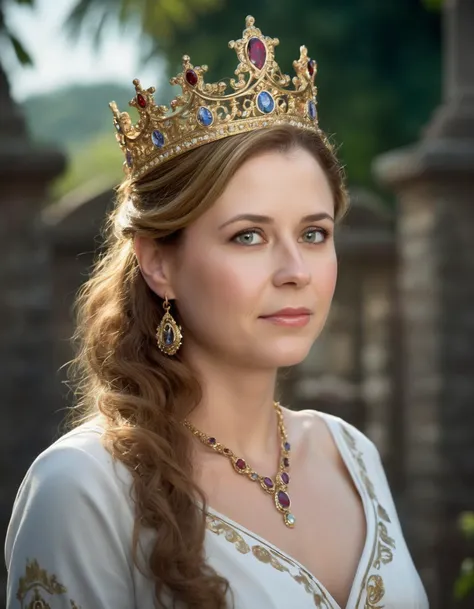 cinematic photo highly detailed portrait of ((ohwx woman)) as an elegant goddess, ornate crown, beautiful symmetrical face, digital painting, artstation, concept art, smooth, clear focus, illustration, greg rutkowski, artgerm, global lighting, detailed and fantasy <lora:pambeesly_sdxl3:1> . 35mm photograph, film, bokeh, professional, 4k, highly detailed