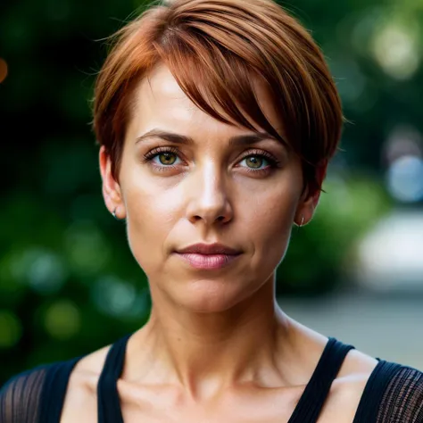 (RAW photo, photorealistic:1.3), 16mm, color graded, 48 yo woman, short (copper hair:1.1), (amber eyes:1.2), outdoors, bokeh, 
ultra realisitic, textured skin, remarkable detailed pupils, realistic dull skin noise, visible skin detail, skin fuzz, dry skin, film still,