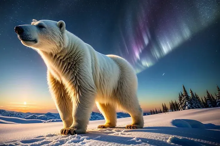 (RAW, best quality, masterpiece:1.5), (realistic, intricate details:1.2), 8K, ultra highres, one polar bear walking in a snowy forest, night, (northern light on sky:1.1)