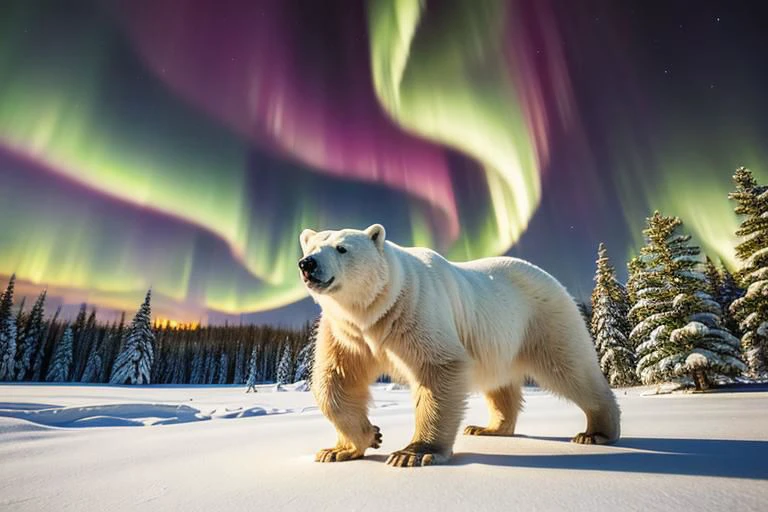 (RAW, best quality, masterpiece:1.5), (realistic, intricate details:1.2), 8K, ultra highres, one polar bear walking in a snowy forest, night, (northern light on sky:1.1)