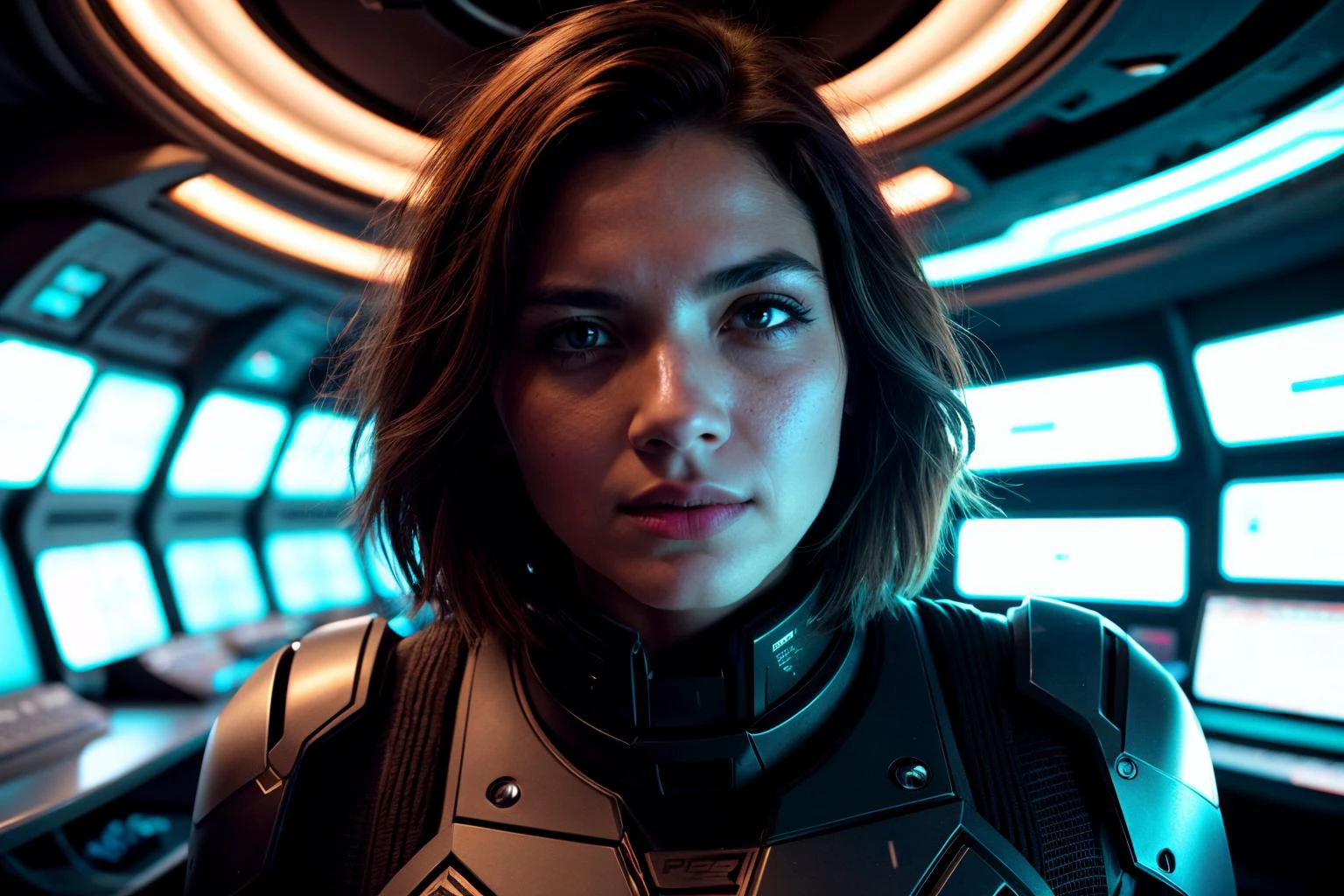 beautiful woman, short hair, (eyeliner:1.1), standing BREAK wearing (sci-fi dress), (dynamic heroic posture:1.2), volumetric lighting, movie promo, detailed background, space ship interiors, pipes, cables, screens, consoles,, (RAW photo, photorealistic:1.3), candid, 16mm, color graded, remarkable color, ultra realisitic, textured skin, remarkable detailed pupils, (imperfect skin:1.1), realistic dull skin noise, visible skin detail, skin fuzz, dry skin, film still,