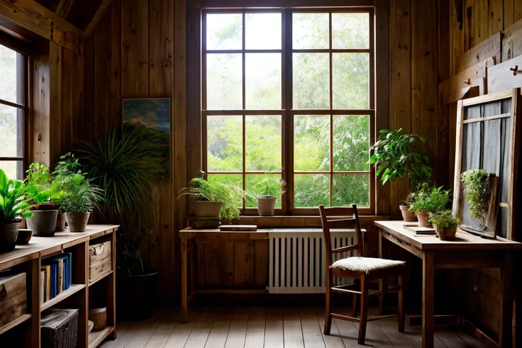 interior of a fantasy rustic study room with a painting easel stand, lots of hanging pots with plants, window shows an overgrown garden outside,, (RAW photo, photorealistic:1.3), candid, 16mm, color graded, remarkable color, ultra realisitic, textured skin, remarkable detailed pupils, (imperfect skin:1.1), realistic dull skin noise, visible skin detail, skin fuzz, dry skin, film still,