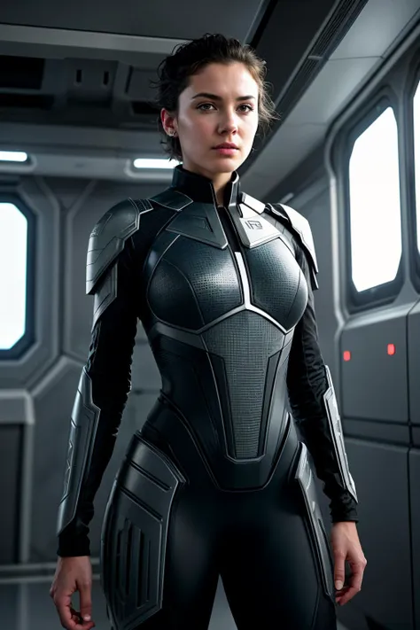 beautiful woman, short hair, (eyeliner:1.1), standing BREAK wearing (sci-fi dress), (dynamic heroic posture:1.2), volumetric lighting, movie promo, detailed background, space ship interiors, pipes, cables, screens, consoles,, (RAW photo, photorealistic:1.3), candid, 16mm, color graded, remarkable color, ultra realisitic, textured skin, remarkable detailed pupils, (imperfect skin:1.1), realistic dull skin noise, visible skin detail, skin fuzz, dry skin, film still,