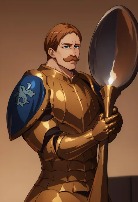 score_9, score_8_up, score_7_up, 1boy, ComicallyLargeSpoon, <lora:ComicallyLargeSpoon_XLPD:1>, cowboy shot,  <lora:ChamEscanorPonyXL:1> Escanor, muscular, short hair, brown hair, mustache, blue eyes, gold armor, blue shoulder armor, gauntlets,